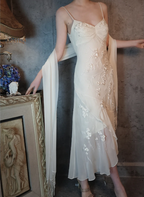 Elegant Ivory Mermaid V-Neck Thin Straps 3D Floral Chiffon Long Formal Prom Dress