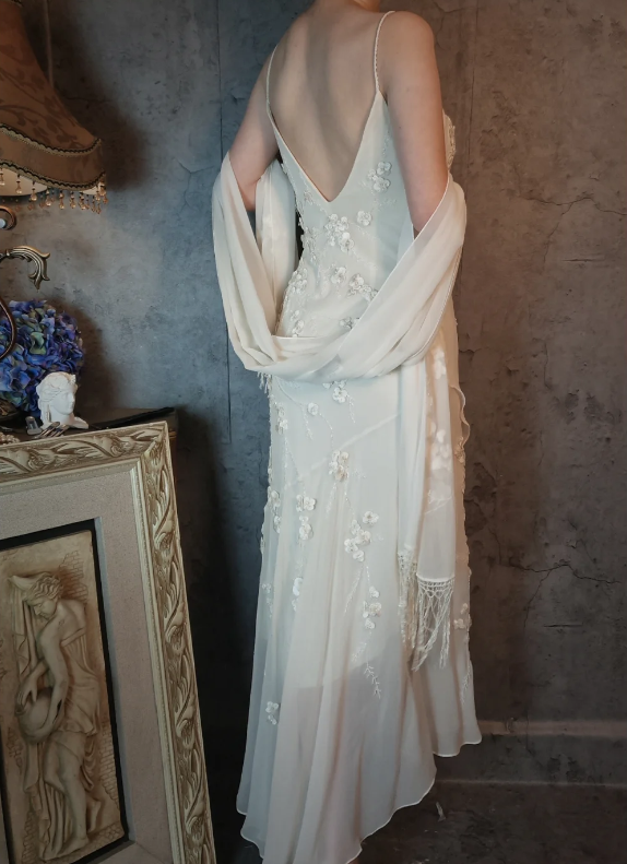 Elegant Ivory Mermaid V-Neck Thin Straps 3D Floral Chiffon Long Formal Prom Dress