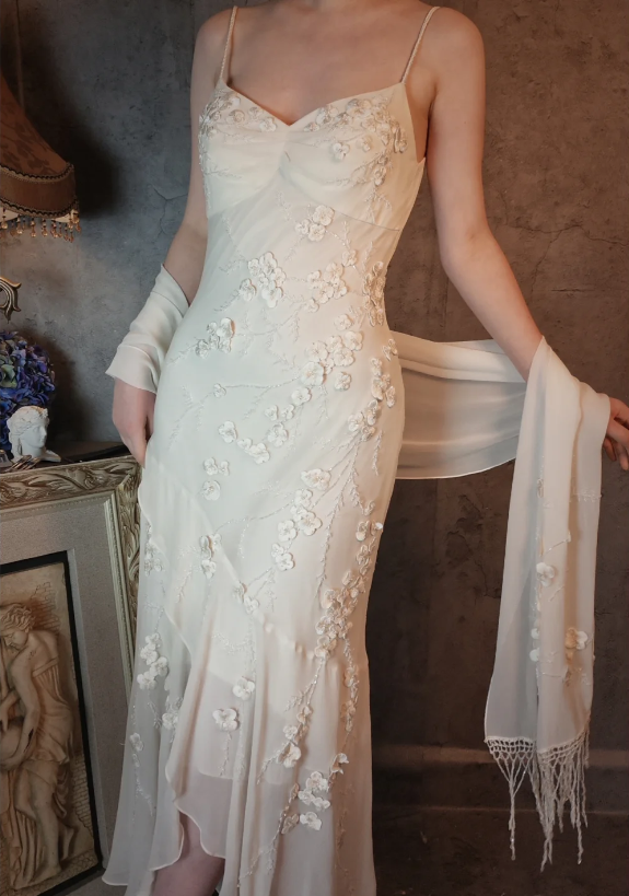 Elegant Ivory Mermaid V-Neck Thin Straps 3D Floral Chiffon Long Formal Prom Dress