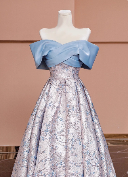 Elegant Jacquard Satin Off-The-Shoulder Long Formal Prom Dress