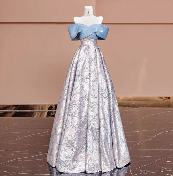 Elegant Jacquard Satin Off-The-Shoulder Long Formal Prom Dress Main image
