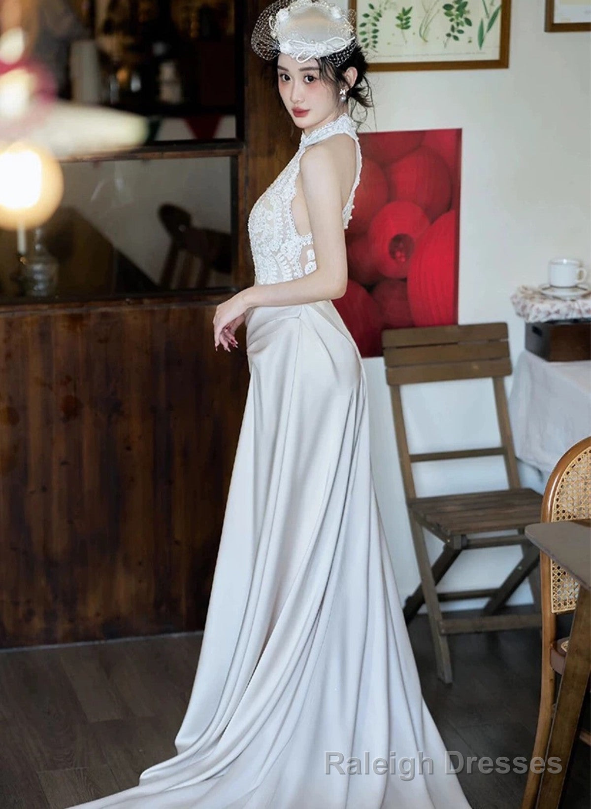 Elegant Lace and Satin Halter Long Wedding Party Dress, Long Formal Gowns Secondary image