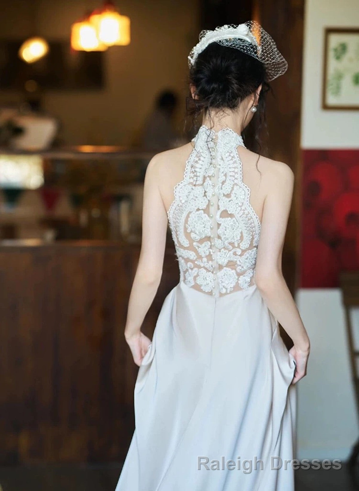 Elegant Lace and Satin Halter Long Wedding Prom Dress, Long Formal Gown