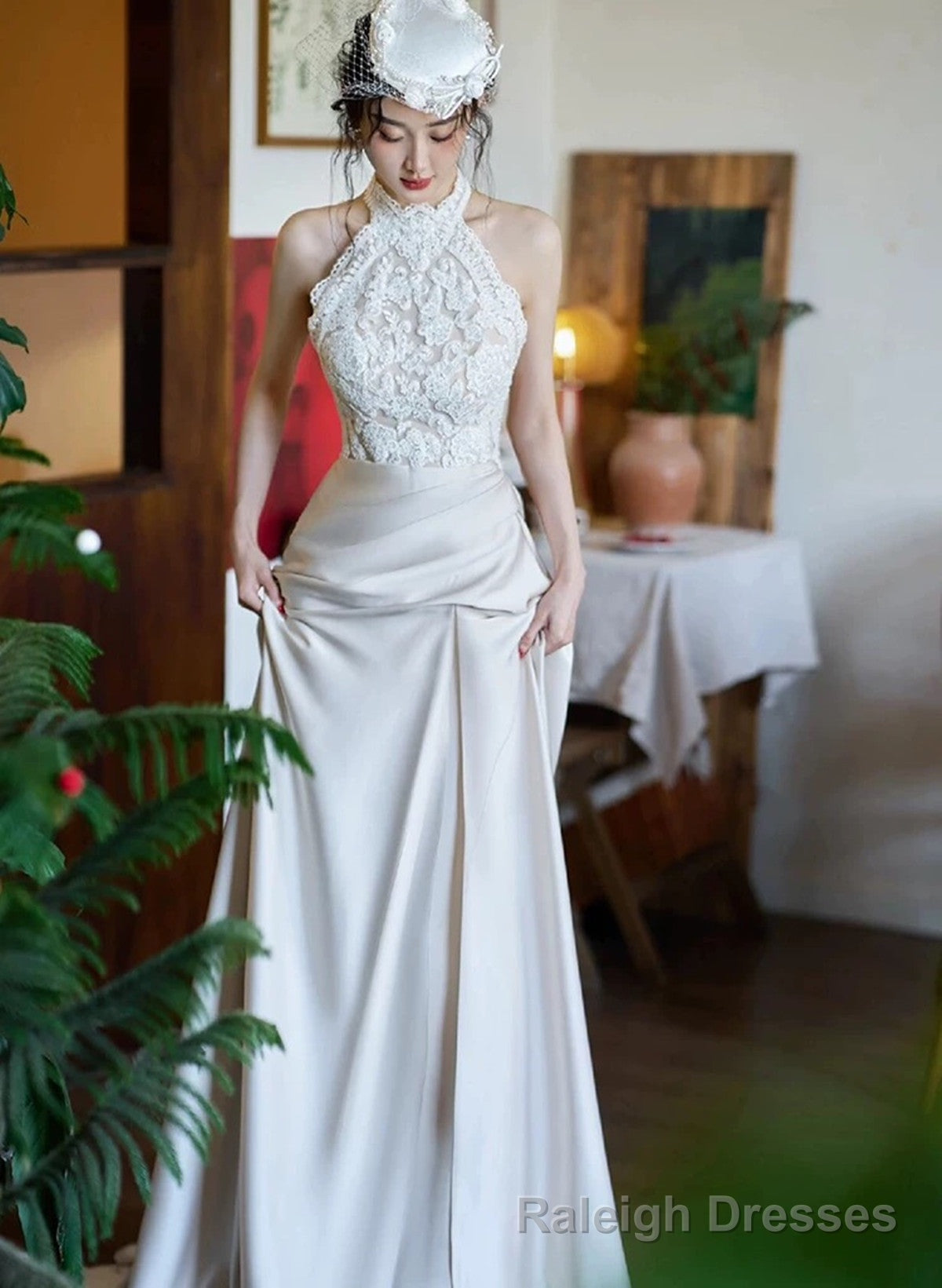 Elegant Lace and Satin Halter Long Wedding Prom Dress, Long Formal Gown