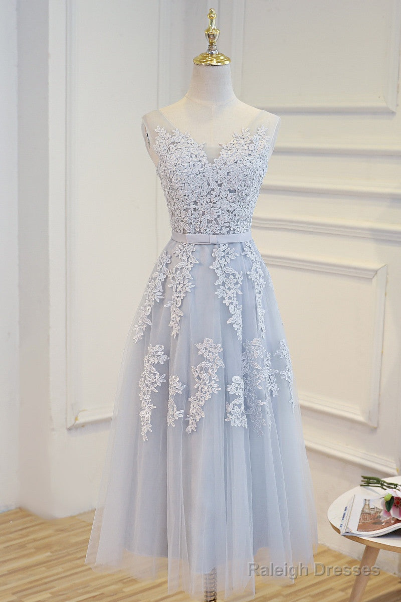 Elegant Lace Appliques Tea Length Bridesmaid Party Dresses