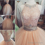 Elegant Lace Crop Top Pink Tulle Ball Gown Quinceanera Dresses Two Piece