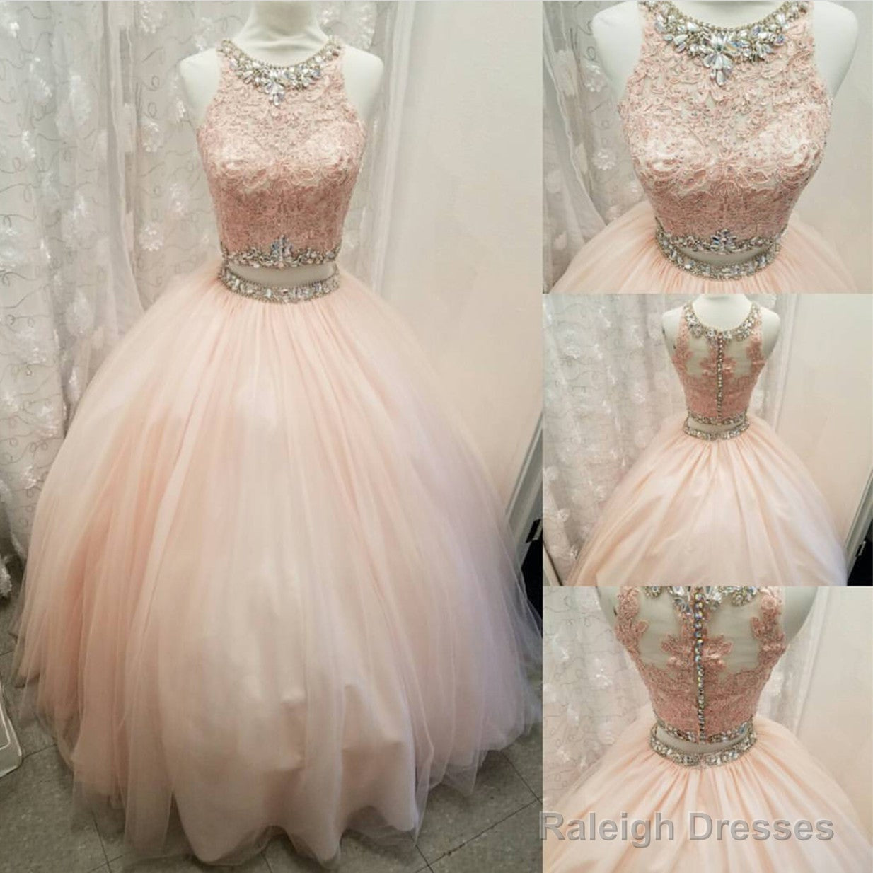 Elegant Lace Crop Top Pink Tulle Ball Gown Quinceanera Dresses Two Piece Main image