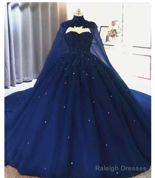 Elegant Lace Embroidery Tulle Beaded Quinceanera Prom Dresses Navy Blue Ball Gown With Cape Main image