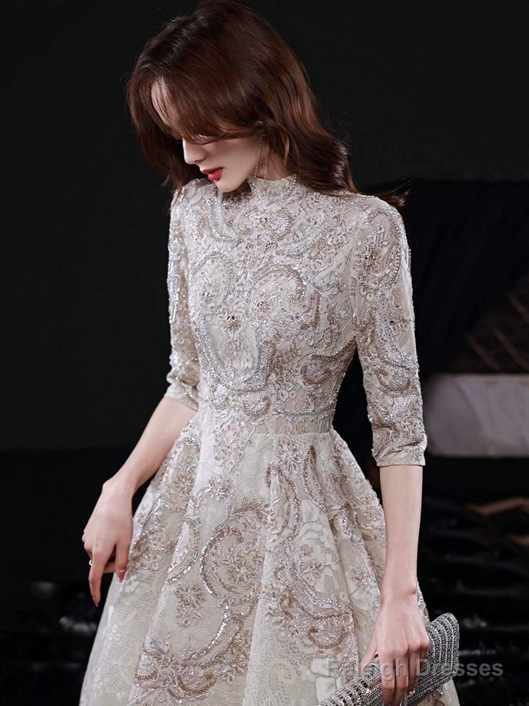 Elegant Lace Mid-Sleeve Long Formal Dress, Champagne High Neck Evening Party Dress Secondary image