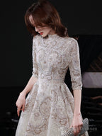 Elegant Lace Mid-Sleeve Long Formal Dress, Champagne High Neck Evening Party Dress