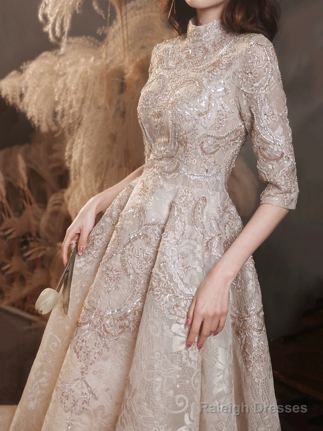 Elegant Lace Mid-Sleeve Long Formal Dress, Champagne High Neck Evening Party Dress