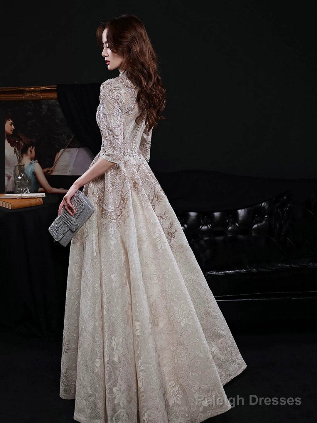 Elegant Lace Mid-Sleeve Long Formal Dress, Champagne High Neck Evening Party Dress