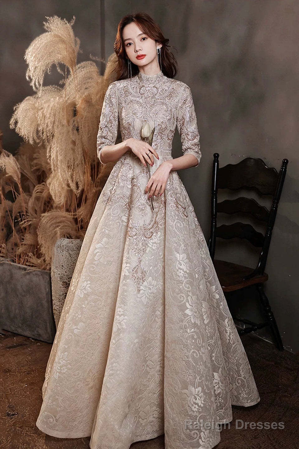 Elegant Lace Mid-Sleeve Long Formal Dress, Champagne High Neck Evening Party Dress