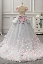 Elegant Lace-up Back Floral Appliques Grey Long Prom Dress