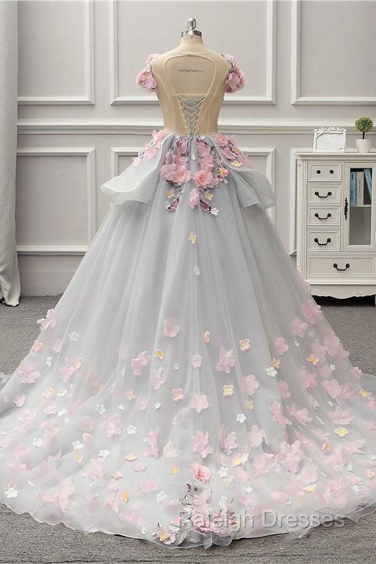 Elegant Lace-up Back Floral Appliques Grey Long Prom Dress