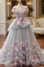 Elegant Lace-up Back Floral Appliques Grey Long Prom Dress
