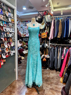 Elegant Lake Blue Mermaid Halter-Neck Lace Long Formal Prom Dress