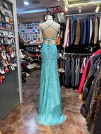 Elegant Lake Blue Mermaid Halter-Neck Lace Long Formal Prom Dress
