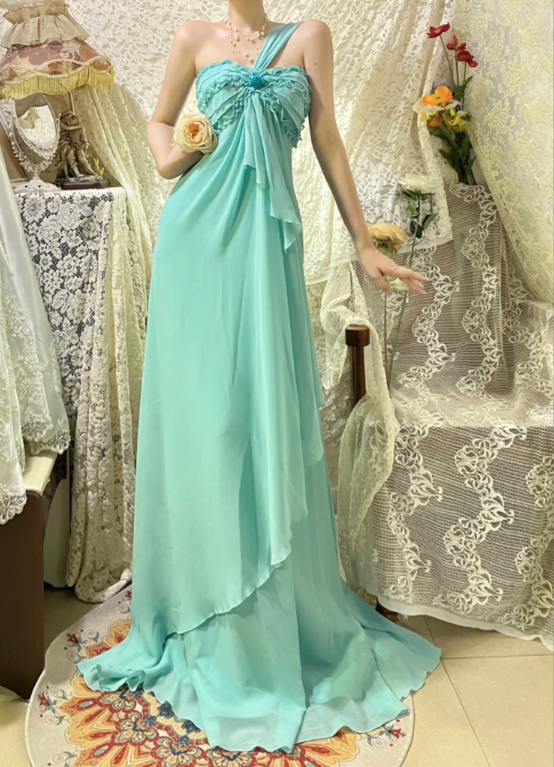 Elegant Lake Green One Shoulder Chiffon Off Shoulder Long Prom Dress Secondary image