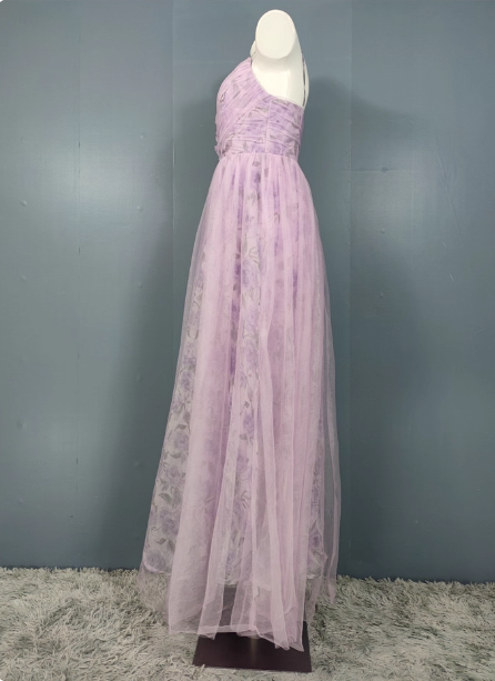 Elegant Lavender A-Line V-Neck Spaghetti Strap Tulle Long Formal Prom Dress Secondary image