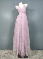 Elegant Lavender A-Line V-Neck Spaghetti Strap Tulle Long Formal Prom Dress