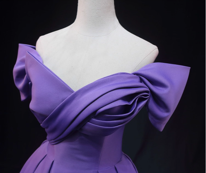 Elegant Lavender Off-The-Shoulder Ruffled Satin Long Formal Prom Dress