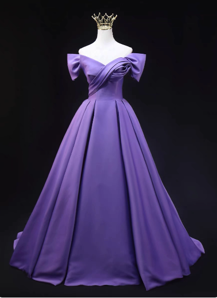 Elegant Lavender Off-The-Shoulder Ruffled Satin Long Formal Prom Dress