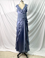 Elegant Layered Gradient Gray-Blue Slim-Fit V-Neck Ruffled Tiered Chiffon Long Formal Prom Dress