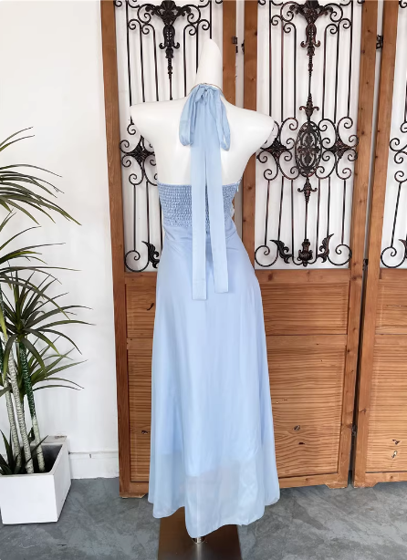 Elegant Light Blue A-Line Halter V-Neck 3D Floral Chiffon Long Formal Prom Dress Secondary image