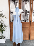 Elegant Light Blue A-Line Halter V-Neck 3D Floral Chiffon Long Formal Prom Dress