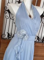 Elegant Light Blue A-Line Halter V-Neck 3D Floral Chiffon Long Formal Prom Dress