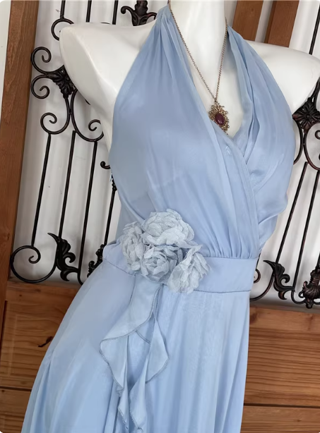 Elegant Light Blue A-Line Halter V-Neck 3D Floral Chiffon Long Formal Prom Dress