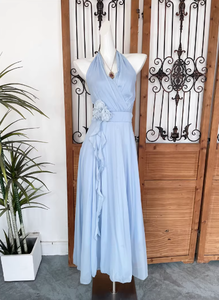 Elegant Light Blue A-Line Halter V-Neck 3D Floral Chiffon Long Formal Prom Dress Main image