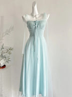 Elegant Light Blue A-Line Square Neck Tulle Long Formal Prom Dress Bridesmaid Dress