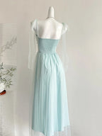 Elegant Light Blue A-Line Square Neck Tulle Long Formal Prom Dress Bridesmaid Dress