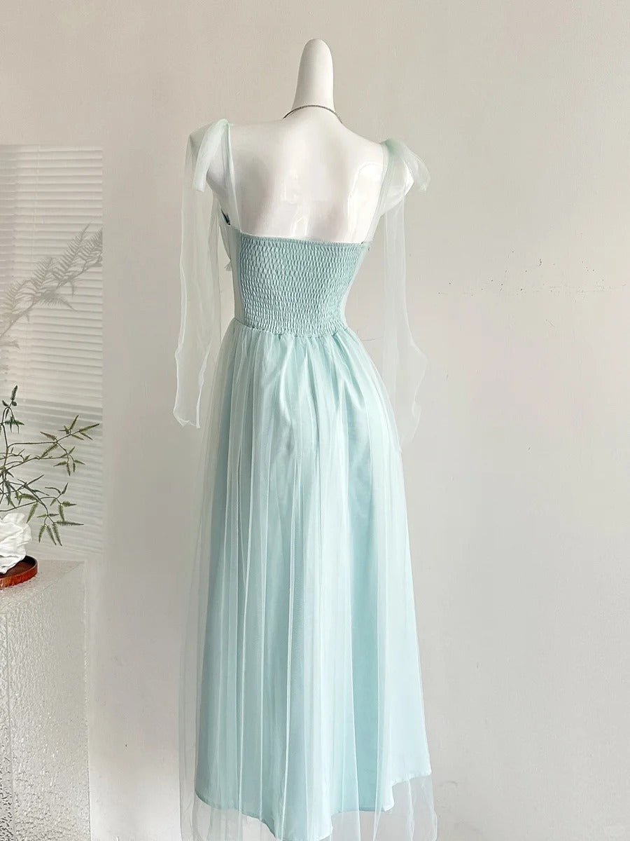 Elegant Light Blue A-Line Square Neck Tulle Long Formal Prom Dress Bridesmaid Dress
