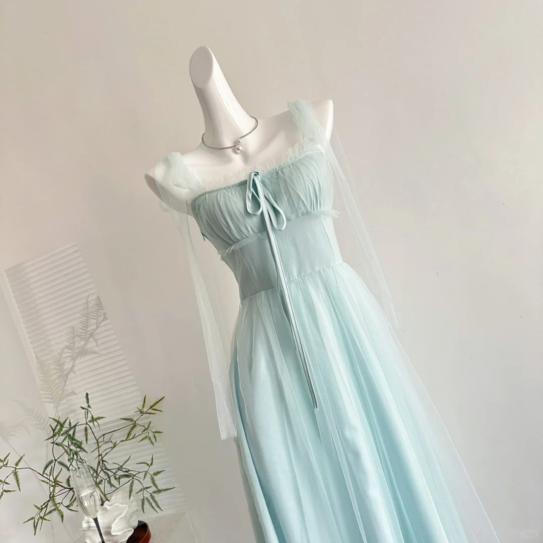 Elegant Light Blue A-Line Square Neck Tulle Long Formal Prom Dress Bridesmaid Dress