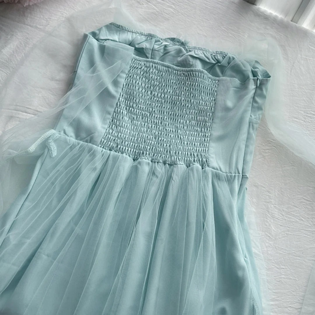 Elegant Light Blue A-Line Square Neck Tulle Long Formal Prom Dress Bridesmaid Dress
