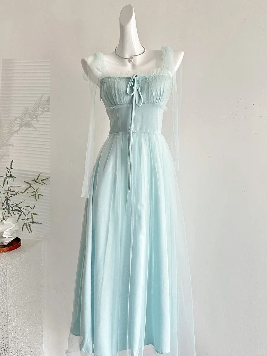 Elegant Light Blue A-Line Square Neck Tulle Long Formal Prom Dress Bridesmaid Dress