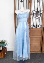 Elegant Light Blue A-Line Strapless Ruffled Tulle Long Formal Prom Dress