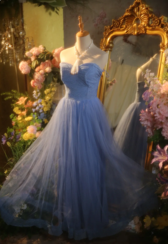 Elegant Light Blue A-Line Sweetheart Neckline Lace Tulle Long Formal Prom Dress