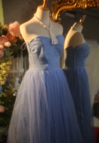 Elegant Light Blue A-Line Sweetheart Neckline Lace Tulle Long Formal Prom Dress