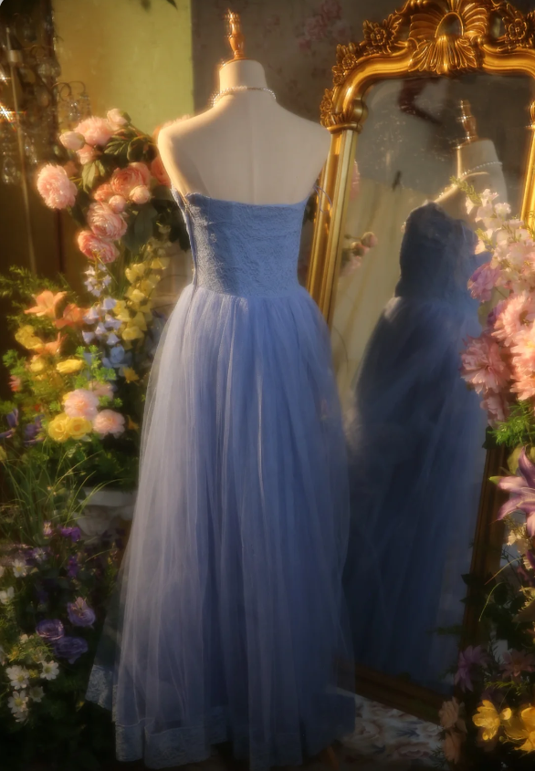 Elegant Light Blue A-Line Sweetheart Neckline Lace Tulle Long Formal Prom Dress