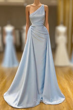 Elegant Light Blue One-shoulder Overskirt Soft-pleated Prom Dress