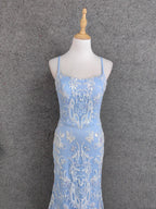 Elegant Light Blue Square Neck Spaghetti Strap Mermaid Sequin Tulle Long Formal Prom Dress