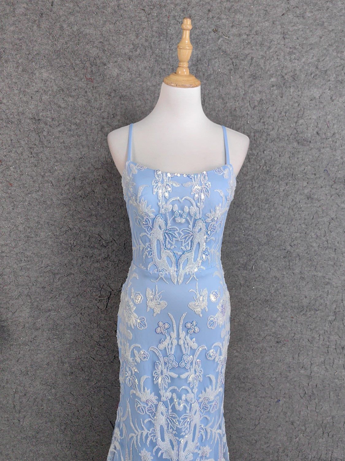 Elegant Light Blue Square Neck Spaghetti Strap Mermaid Sequin Tulle Long Formal Prom Dress