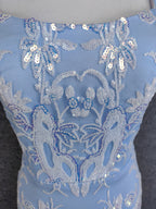 Elegant Light Blue Square Neck Spaghetti Strap Mermaid Sequin Tulle Long Formal Prom Dress