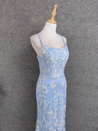 Elegant Light Blue Square Neck Spaghetti Strap Mermaid Sequin Tulle Long Formal Prom Dress
