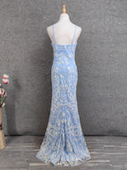 Elegant Light Blue Square Neck Spaghetti Strap Mermaid Sequin Tulle Long Formal Prom Dress