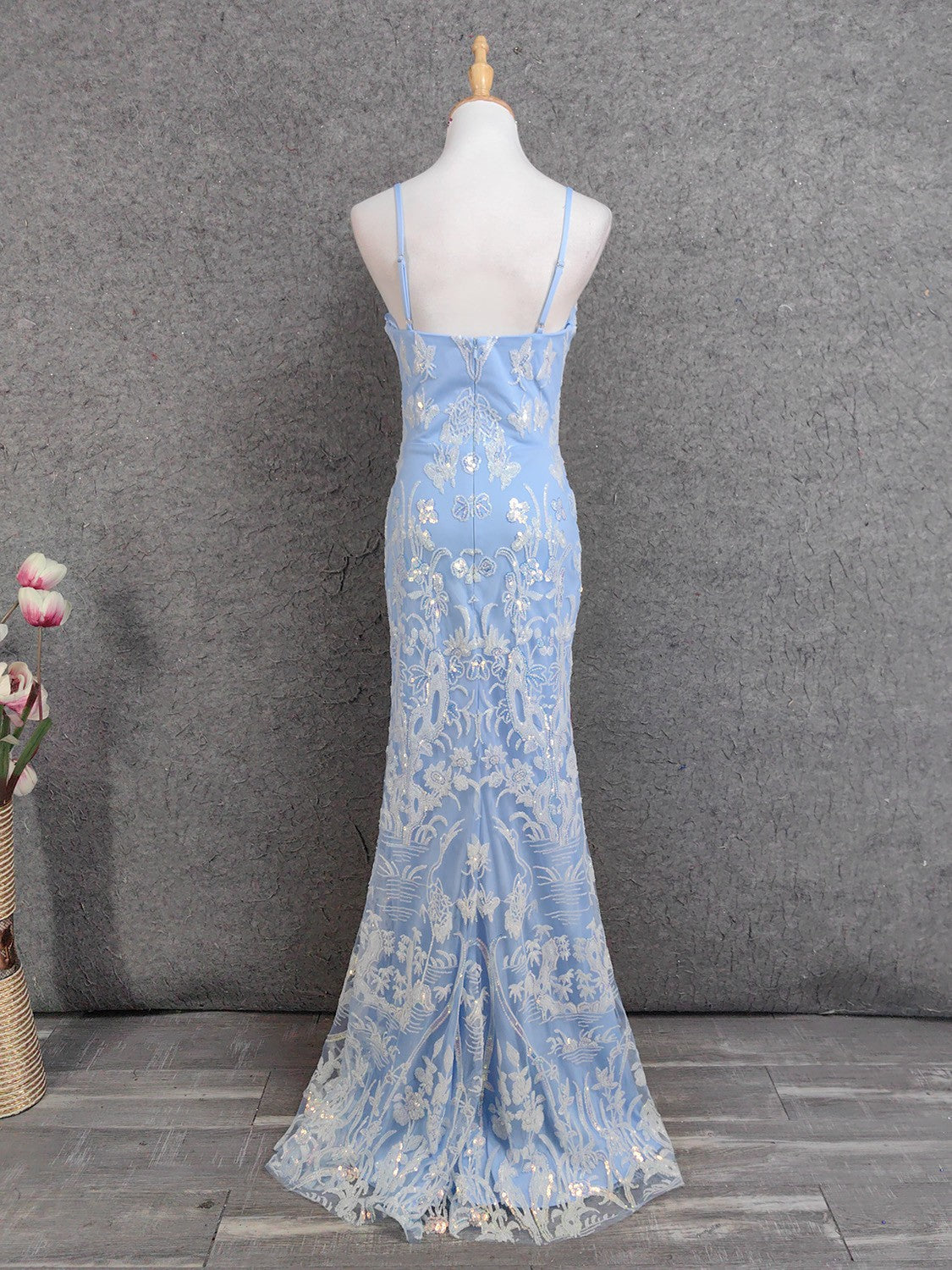 Elegant Light Blue Square Neck Spaghetti Strap Mermaid Sequin Tulle Long Formal Prom Dress